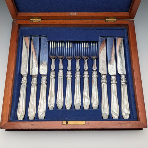 約 1875 年英國古董白色珍珠手柄甜點餐具 6 對木盒裝